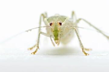 a close-up view of a tiny green insect with detailed features, showcasing its intricate body and ant