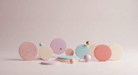Wall Mural - colorful circular arrangement on soft pink background - abstract pastel circles and spheres create a