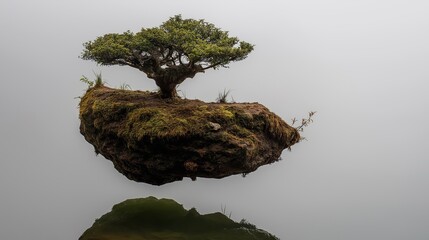 Poster - Floating island with one bonsai tree in fog