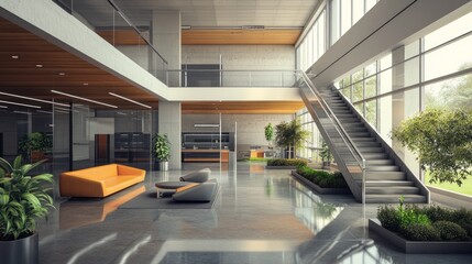 Aufkleber - Modern open-plan office lobby with natural light and greenery