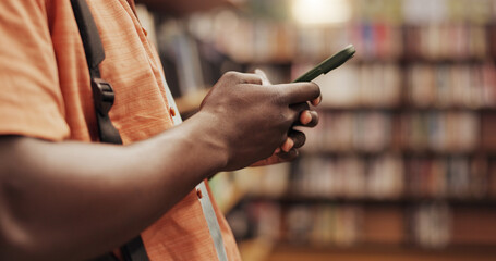 Poster - Hands, student and phone at library, texting and contact on web, notification and chat at college. Person, smartphone and mobile app for education, research and check class schedule at university