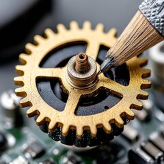 Poster - Microscopic View of a Gold Gear Being Adjusted with a Fine-tipped Tool on an Electronic Circuit Board