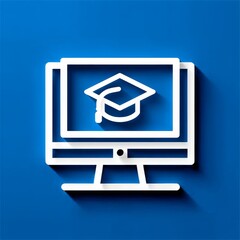 Leinwandbilder - Online Learning Concept: White Computer Icon with Graduation Cap on Blue Background