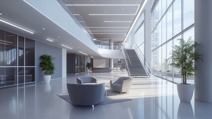 Aufkleber - Modern, bright office lobby with large windows, grey accents, and comfortable seating