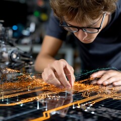 Fototapete - Young Engineer Analyzing Futuristic Glowing Circuit Board for Technological Advancement