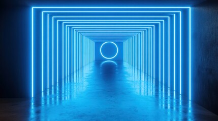 Poster - Neon blue tunnel with glowing lines