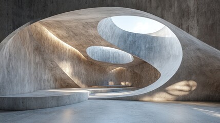 Aufkleber - Modern concrete architectural interior, featuring flowing forms and natural light