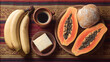 © Haki - Café da manhã brasileiro tradicional com pão francês, fatias de queijo, café preto quente, banana, mamão e jornal sobre mesa rústica de madeira. Vista superior sem pessoas