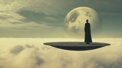 Wall Mural - solitary figure on a floating platform in a surreal landscape.
