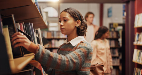 Poster - Woman, student and shelf with books in library for choice, textbook search and studying for exam. Female person, decision or literature information for knowledge, education and assessment at college