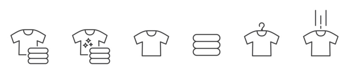 T-shirts line icon set, editable stroke isolated on transparent background. Icon of neatly stacked pile of T-shirts. Washing, drying, ironing service icons. Clean shirt linear icons.