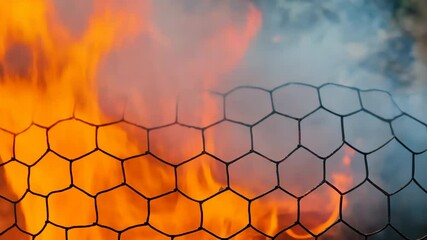 Wall Mural - A close up of a fire with smoke and orange flames. The fire is surrounded by a mesh fence, and the smoke is billowing out from the top. Concept of danger and destruction