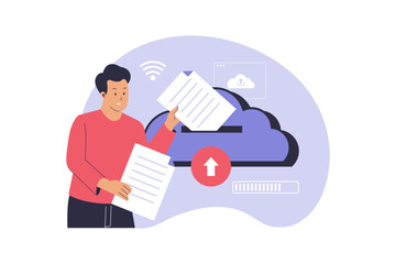 Wall Mural - Flat Illustration of Document Upload to Cloud Storage for Digital File Management. Illustrations for websites, landing pages, mobile apps, posters and banners