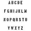 © Pictures - Stencil-style uppercase English alphabet in bold black military font with grunge texture on white background for design use.