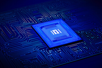 ai chip with thin circuit contact lines. ai chip on technology background.