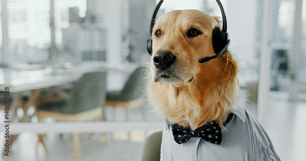 Headset, contact and dog call center agent for dress up or funny role play  for customer service. Pet, animal and golden retriever puppy with  microphone for halloween costume for technical support. Stock