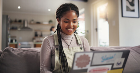 Aufkleber - Home, student and woman on couch, laptop and smile with education, email for project or university. Apartment, college task or person with computer, assignment or research for scholarship or studying