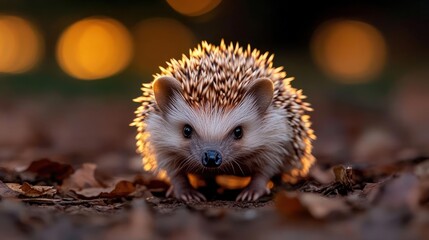 Aufkleber - A close-up shot of a hedgehog on a bed of fallen leaves, bathed in soft, warm light. The background is blurred with golden bokeh, enhancing the image's cozy and autumnal feel