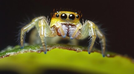 Poster - A macro photograph captures a small jumping spider perched on a vibrant green leaf against a dark backdrop, highlighting its orange head, multiple eyes, and translucent legs with blue tips