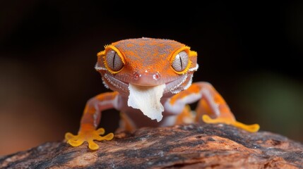 Poster - Macro shot capturing an orange gecko perched on a textured log, its face directly facing the camera, with a blurred dark background, showcasing its intricate patterns and a piece of food in its