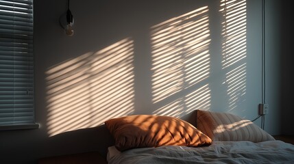 Aufkleber - Soft shadow of blinds on a minimalist bedroom wall