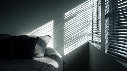Aufkleber - Soft shadow of blinds on a minimalist bedroom wall