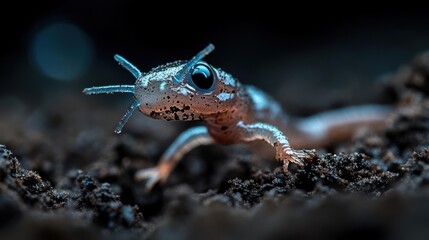 Poster - Detailed macro shot captures a slender light brown amphibian with distinctive horn-like features on its head, speckled with black spots. It crawls through dark, coarse soil against a blurred black