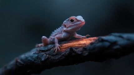 Poster - Close up of a small lizard with bumpy skin, perched on a dark branch with orange glow. Its textured skin and the rough branch are prominently featured against a blurred, moody background