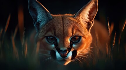 Aufkleber - Close up shot of a caracal, displaying its characteristic ear tufts and striking facial features. The warm golden hour lighting illuminates the scene, highlighting the caracal's fur against a dark