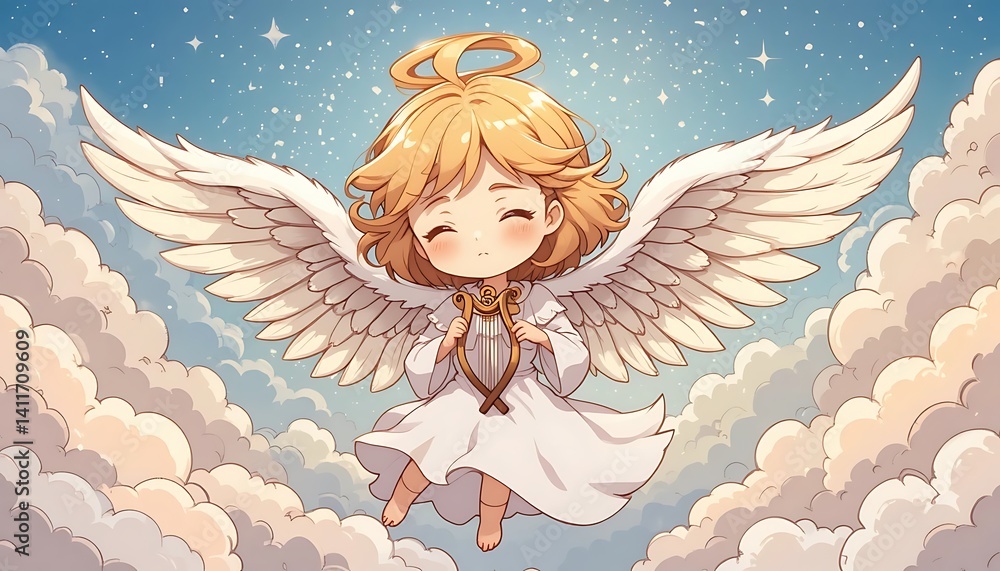 Adorable Anime Angel Girl with Blonde Hair and Large Wings Playing a ...