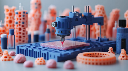 Aufkleber - 3D bioprinting device with nozzle and gel chamber is actively printing complex structure. scene includes various bioprinting components and materials, showcasing innovation