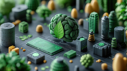 Aufkleber - 3D illustration depicts futuristic cityscape with focus on sustainability, featuring brain shaped tree with leaf, surrounded by technology elements like microchips and green buildings
