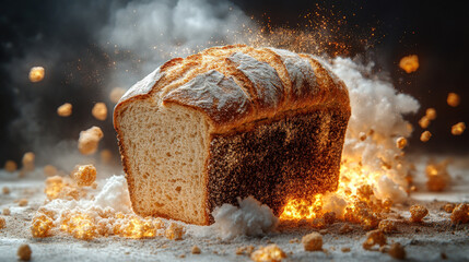 Aufkleber - loaf of bread is artistically depicted with dramatic explosion of flour and crumbs, creating dynamic and energetic scene. bread texture and golden crust are highlighted against dark background