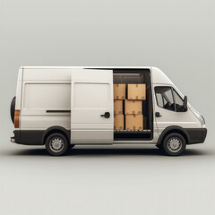 Aufkleber - white delivery van with open side door reveals neatly stacked cardboard boxes inside, showcasing practical and organized storage solution for transporting goods