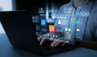 © Mer_Studio - Holographic UI-UX, display icons of UX-UI designer, creative planning, data visualization. Web design, application design,coding develop.UX-UI design web and user design development.