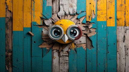 A cartoonish owl with big eyes is peeking out from a hole in a wooden wall