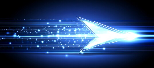 Wall Mural - a arrow with a lot of dots on it. abstract arrow with digital lines and glowing dots on a blue backg