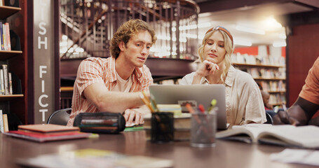 Poster - Students, man and woman with laptop at library for group project, research and education at university. People, computer and together with books, assessment and learning for scholarship at college