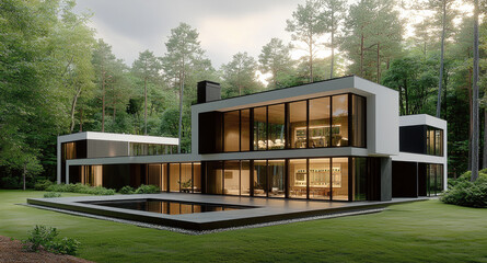 Poster - Modern house design features large windows, sleek lines, and minimalist aesthetic, surrounded by lush greenery. This stunning architecture blends seamlessly with nature, creating serene atmosphere