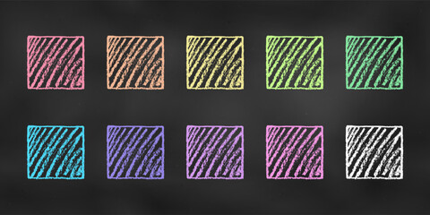 Wall Mural - Children's Chalk Drawn Sketch. Set of Design Elements Colorful Squares Isolated on Black Chalkboard Backdrop.