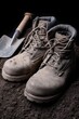 © Wimon - A pair of work boots sitting next to a shovel - old gardening job hardworking work