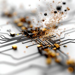 Fototapete - Abstract Circuit Board with Gold Accents and Floating Elements, Technology Integration