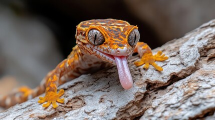 Poster - Close-up capturing an orange gecko perched on weathered bark, its eyes wide and tongue extended, showcasing intricate patterns on its skin. The image highlights the reptile's unique features in