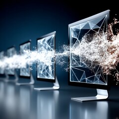 Leinwandbilder - Data Streaming: A Row of Monitors Displaying Network Connectivity and Information Transfer in a Digital Landscape