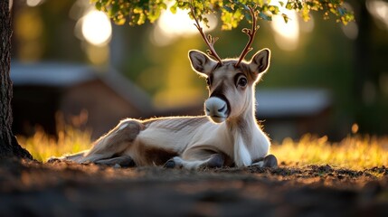 Aufkleber - A close up of a reindeer lying down on the ground with sunlight shinning through trees, with brown and green grass on the ground and blurred background