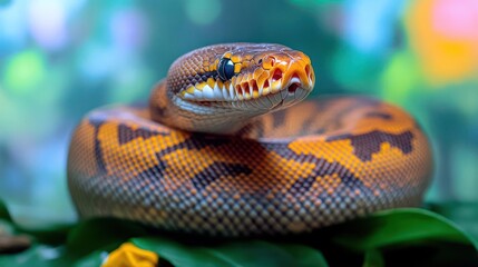 Poster - Close up shot of a snake with yellow and black patterns coiled on lush green leaves against a blurred bokeh background featuring soft blues and greens. The snake's head is in focus, displaying