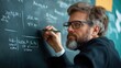 © Babycrab - A professor in eyeglasses stands at a blackboard, dressed in a suit, deeply engrossed in solving complex equations. His focused expression suggests a challenging problem, set against the backdrop of