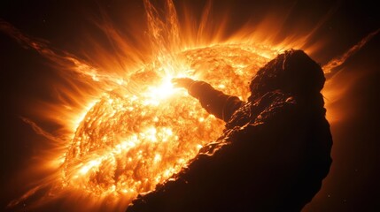 Aufkleber - Silhouette of a figure standing against a bright, exploding star. The figure is dark with textured details, contrasting sharply with the vibrant orange and yellow light emanating from the stellar