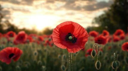 Leinwandbilder - Close-up shot of a red poppy flower with a black center, surrounded by a field of other red poppies and green wheat. The background sky is blurred with sunset colors