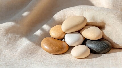 Poster - Close-up of pile of smooth, polished pebbles in various colors resting on textured beige towel under soft, diffused natural light. Colors range from light cream and tan to rich brown and dark gray